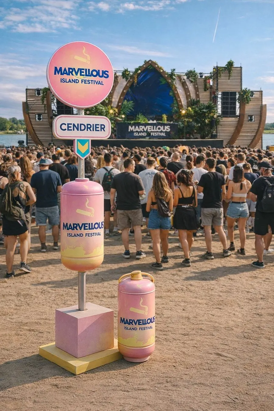 Collecteurs à mégots aux couleurs du Marvellous Island Festival devant la scène