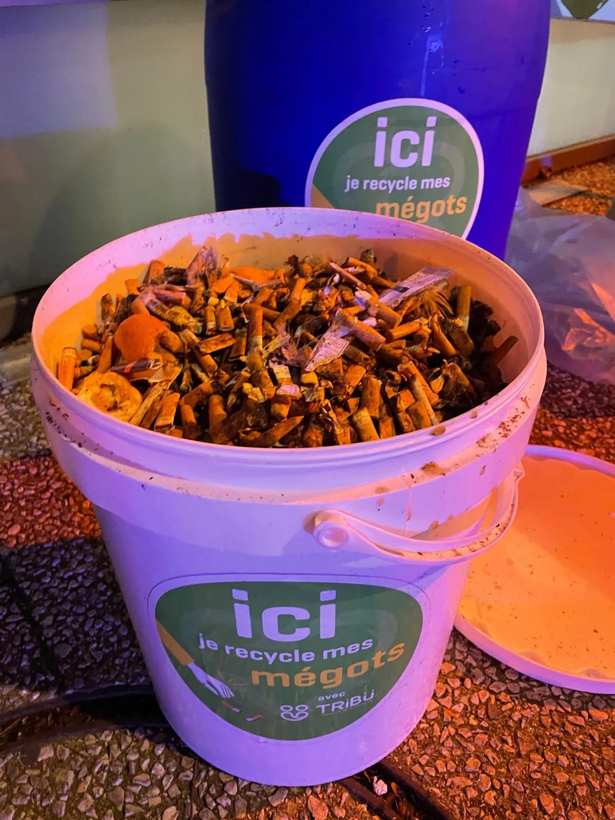Un seau de collecte rempli de mégots, prêt à partir au recyclage
